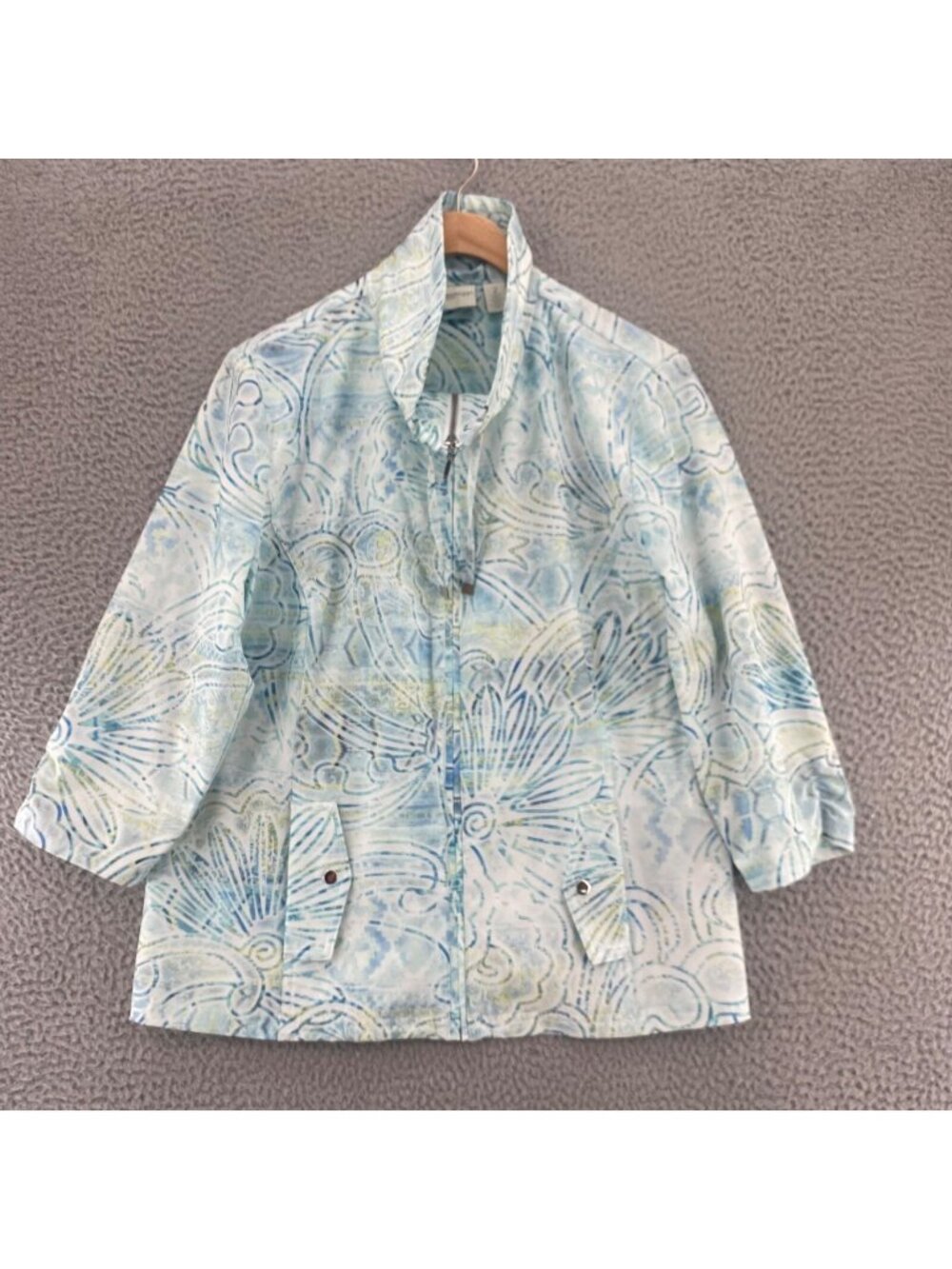 Chicos Jacket Womens 2 US Large Neema Sunwash Blue Floral 3/4 Sleeves Full Zip